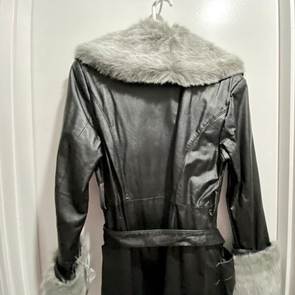 Vintage Newport News Leather Faux Fur Steampunk Goth Punk Belted Y2K Long Coat S - Picture 6 of 13